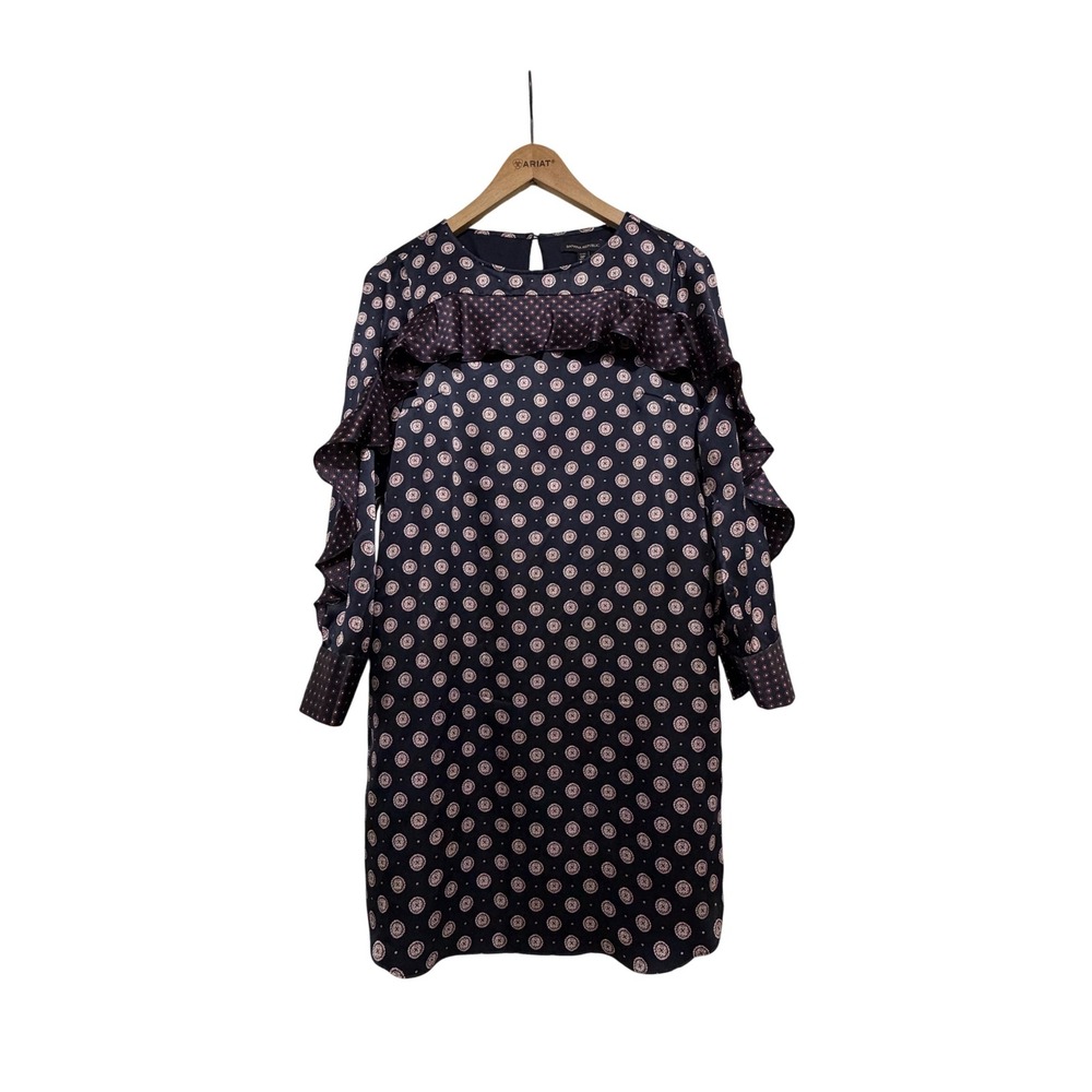 Banana Republic Silk Ruffle Shift Dress‎ Navy Red Medallion Print Petite 0P